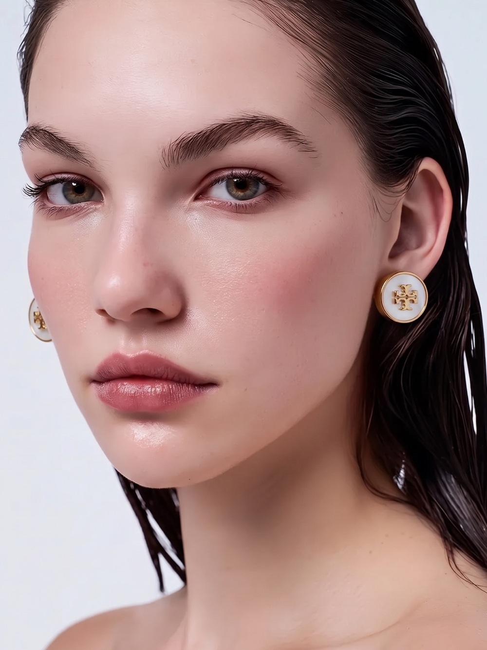 Tory Burch Semi Precious Ivory Mother of Pearl Gold Studs Earrings.